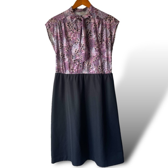 Vintage 1970s Top Made Purple Floral Pullover Dress M Short Sleeve Bow Tie - Picture 1 of 6
